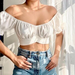 SHEIN White Off-Shoulder Ruched Puff Sleeve Crop Top